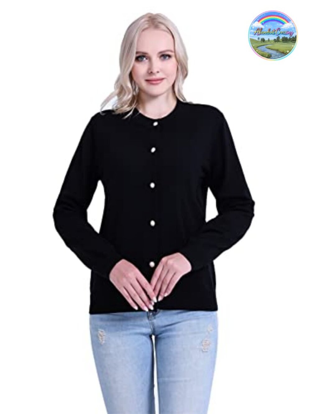 Women Cardigan Sweater Crewneck Pearl Button Knitted Tops Medium Weight